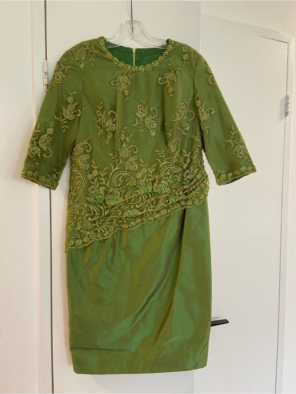 Embroidered Olive Green Midi Dress with Beaded Detail